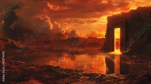 Scary landscape featuring a door to hell, with a reflective lake glowing under the fiery glow of a burning skyline, evoking dread and awe