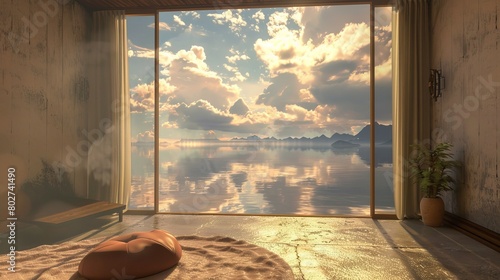 Serene young person's room with a door opening to a cloud-filled landscape, reflective lake view, and earthy tones such as caramel and beige for a grounding effect photo