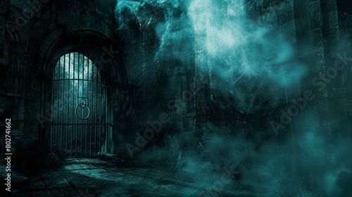 Sinister dungeon scene, an open door illuminates a path leading to a ring gate, surrounded by smoke and cobwebs, enveloped in shadows