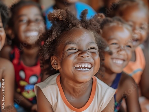 Cinematic close up photo of Afro surinamese children laughing in the class room : Generative AI photo