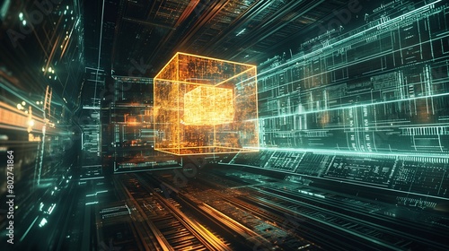 An underground bunker housing the central core of a network's security systems, visualized as a glowing cube of energy, protected by layers of digital defense mechanisms. 