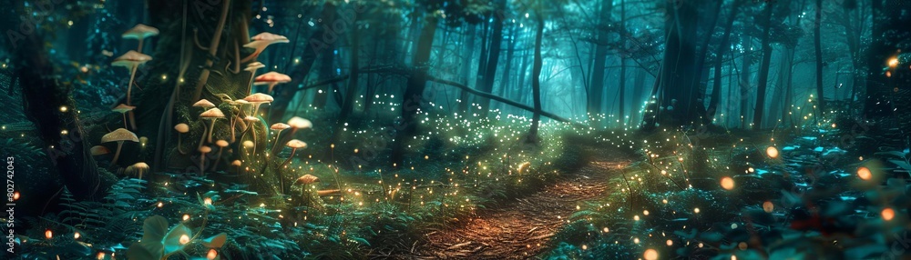 A mystical forest path lit by bioluminescent plants and mushrooms, casting a soft glow over a serene night trail, perfect for fantasy or naturethemed visuals