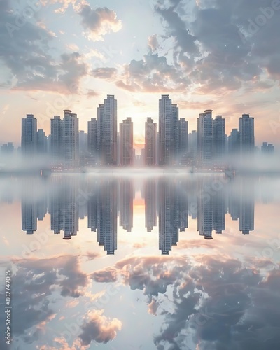 An ethereal cityscape perfectly reflected in a mirrorlike lake photo