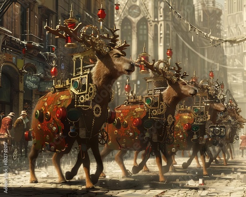 A fantastical parade of animals designed in a steampunk style, featuring mechanical gears and vintage metal textures, marching through an oldtime city square photo