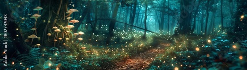 A mystical forest path lit by bioluminescent plants and mushrooms, casting a soft glow over a serene night trail, perfect for fantasy or naturethemed visuals photo
