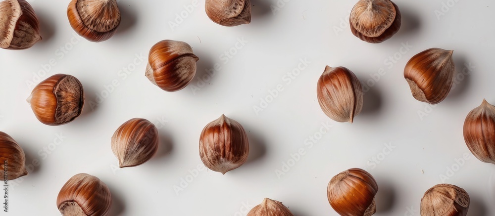 Hazelnuts against a white backdrop. Hazelnuts against a white backdrop.