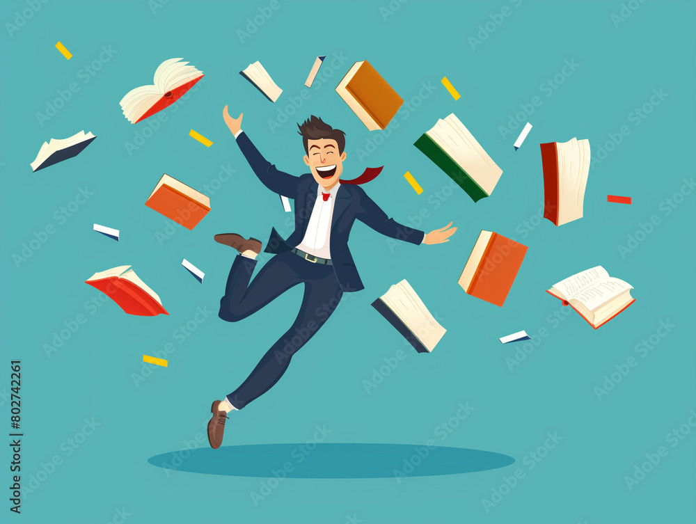 Happy male teacher or businessman is jumping. Businessman is surrounded by books.