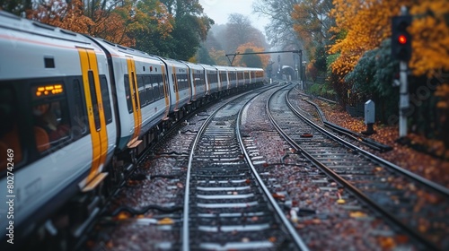   A yellow and white train travels down train tracks surrounded by trees with leaves on the ground and a red traffic light amidst fog photo