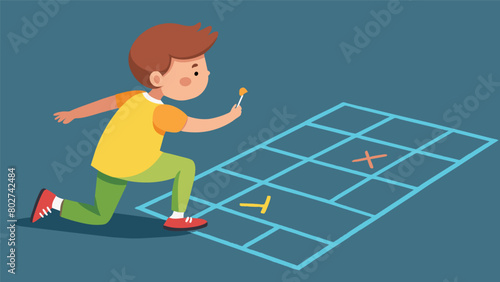 A boy using chalk to draw a giant hopscotch board on the pavement each square representing a step towards freedom and justice.. Vector illustration