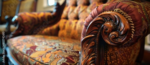 Antique chair featuring genuine fabric and intricate wood carving, set apart on its own. photo