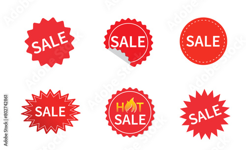 Sale label. Sale tags. Red starburst stickers. Red ribbon price and discount labels. Vector illustration
