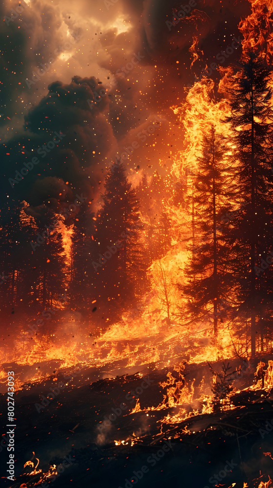 Raging Wildfire Devouring Pristine Coniferous Forest in Visualization