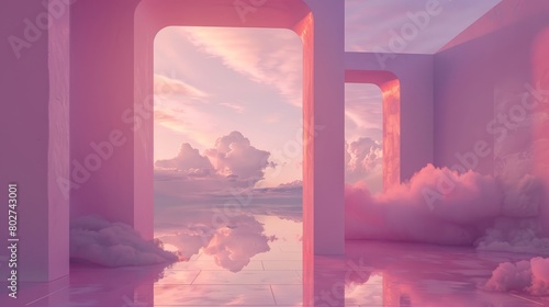 Surreal view through a door, showcasing a reflective lake and clouds, set against a serene sky in soft pastel hues of pink and purple