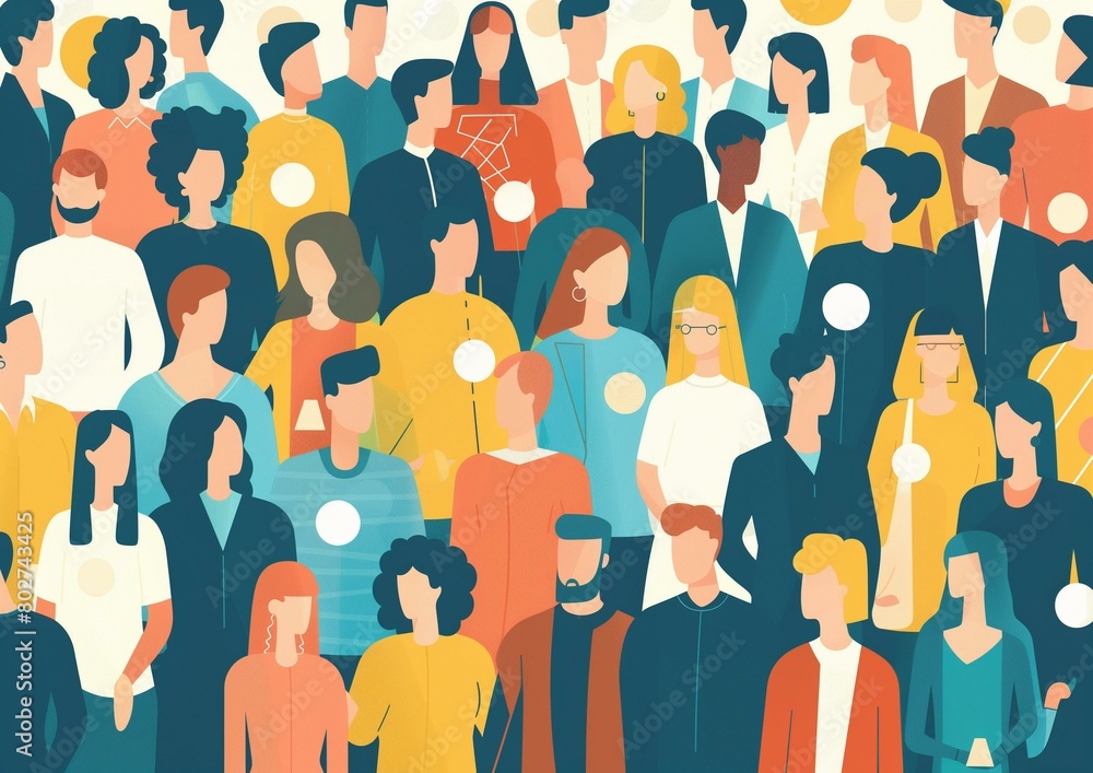 Colorful Illustration of Diverse Group of Cartoon People at Social Gathering
