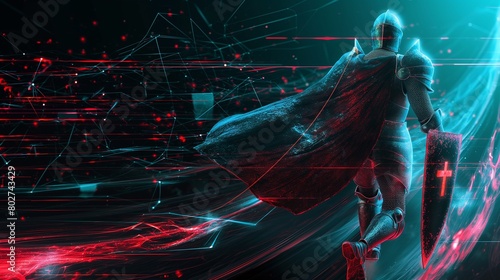 A cybernetic guardian, visualized as a knight wielding a shield of antivirus and a sword of firewall, standing vigilant over the pathways of network data flow. 32k, full ultra hd, high resolution photo