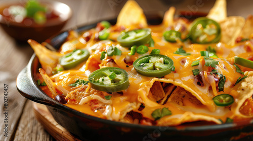 A close-up photo of a bowl of nachos covered in melted cheese and jalape  os