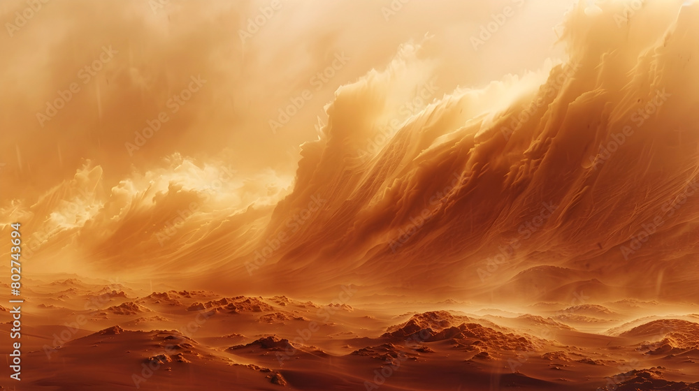Naklejka premium Seeking Refuge Amidst the Swirling Chaos of a Raging Sandstorm in the Isolated Desert Landscape
