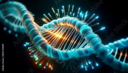 A close-up of a DNA helix intertwined with fiber optic cables, representing the convergence of biology and technology.