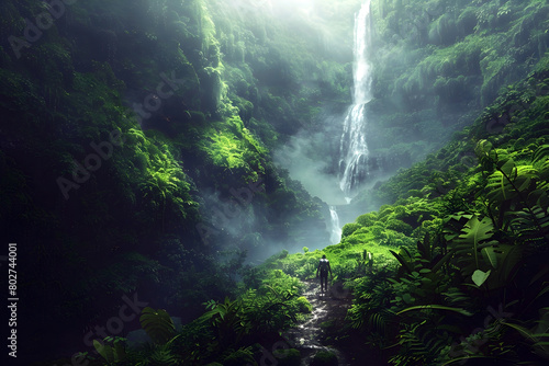 Serene Waterfall Hike Through Lush Verdant Foliage in Dreamlike Cinematic Landscape