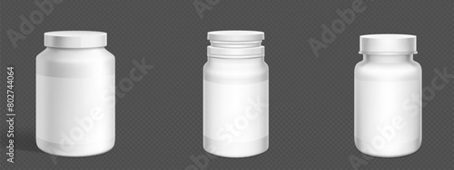 3d white plastic pill bottle. Supplement container package mockup. Medicine jar for capsule, drug, protein or aspirin with empty prescription label template and lid. Pharmaceutical pack mock up