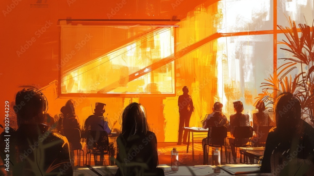 An illustration of a group of people sitting in a conference room listening to a presentation. The room is lit by a large window and the colors are warm and inviting.