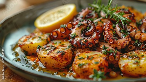  A close-up photo of a dish featuring an octopus atop potatoes and adorned with fresh herbs