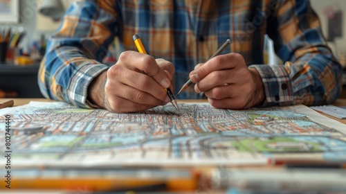 Close-up of hands drawing a map with a pencil and a ruler.