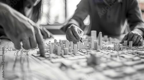 Black and white photo of an architect or city planner using a stylus to point at a 3D model of a city while another person points with their finger.
