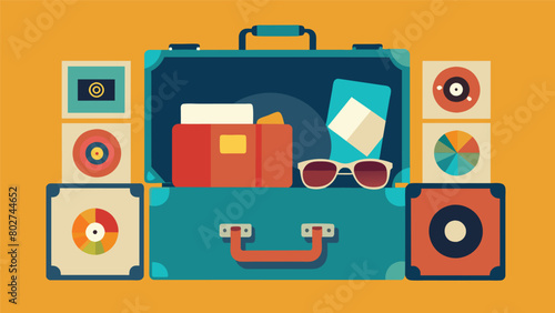 The jumbled contents of the vintage suitcase transport you to a bygone era featuring a collection of retro fashion accessories vinyl records and. Vector illustration