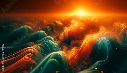 An intimate detail of an orange and teal wave pattern with a particle mist, suggestive of a sunset over the ocean.
