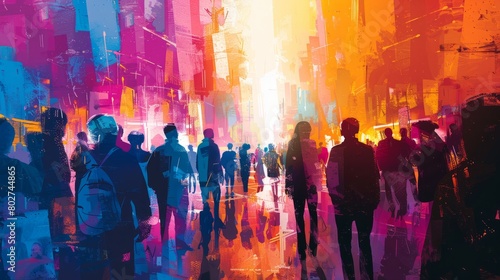 An abstract painting of people walking on a city street with bright, neon lights.