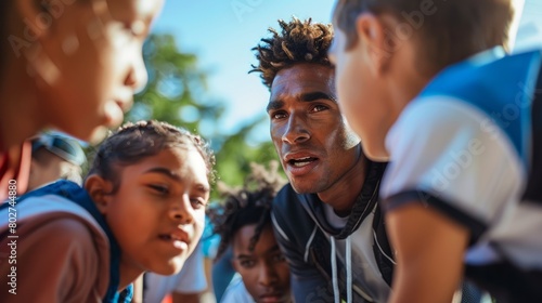 A young male coach talking to a group of children during a sports game © Rattanathip
