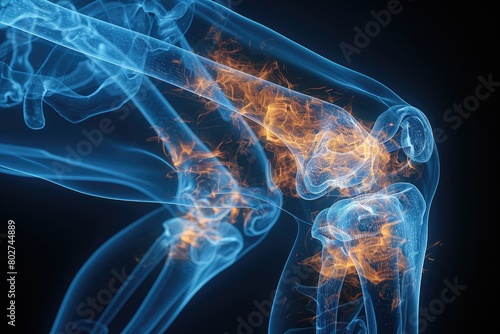 Human knee joint and leg in x-ray on blue background