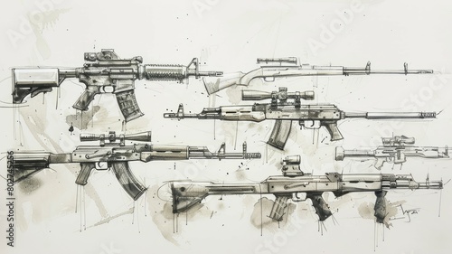 A series of guns are drawn in black and white. The guns are of different sizes and styles, including a rifle, a shotgun, and a submachine gun. Concept of power and authority