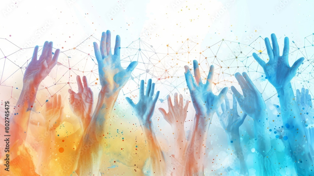 Colorful watercolor painting of hands reaching up with a white ...