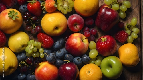 fruit and vegetables Macro closeup of colorful mixed summer fruit on wooden table.