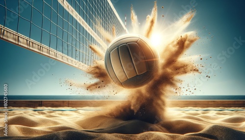A volleyball with a sandy burst as it's powerfully spiked over a beach volleyball net.