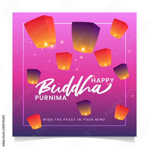 Happy buddha purnima celebration post, lanterns decoration post,Guru purnima, happy buddha purnima, vector illustration, makha bucha festival