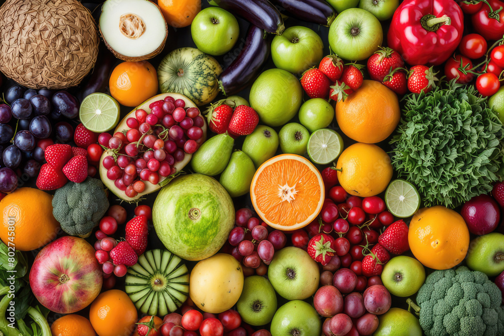 Different colorful fruits and vegetables all over the table in full frame studio shot Different colorful fruits and vegetables all over the table in full frame studio shot