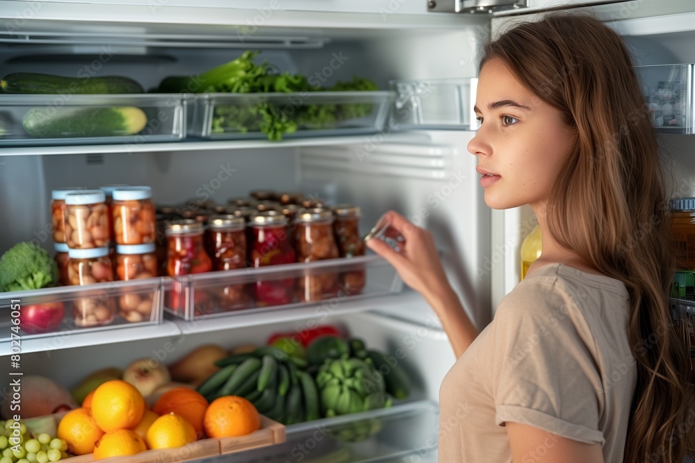 a girl opened refrigerator in kitchen a girl opened refrigerator in kitchen