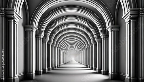 A series of arches in a hallway that progressively get smaller, creating the illusion of a much longer tunnel than it actually is. photo