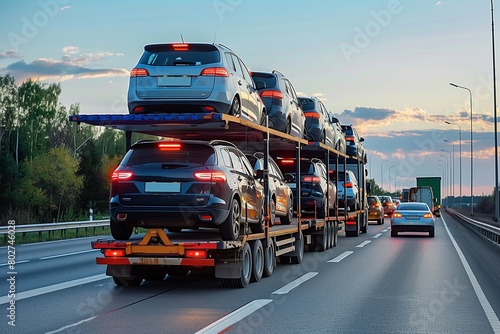 Cars carrier truck in the highway asphalt road © kenkuza