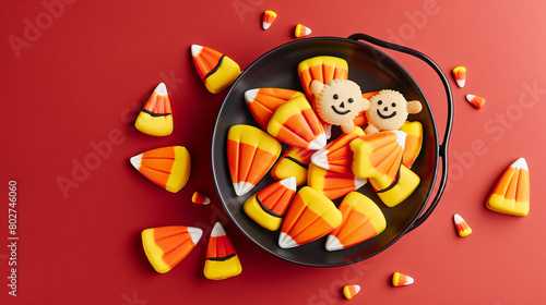 Plate bucket with Halloween candy corns and cookies on