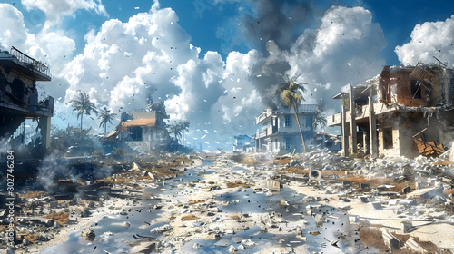 Watercolor Depiction of Rebuilding Life Amidst Hurricane's Destructive Aftermath:Cinematic 3D Render with Details photo