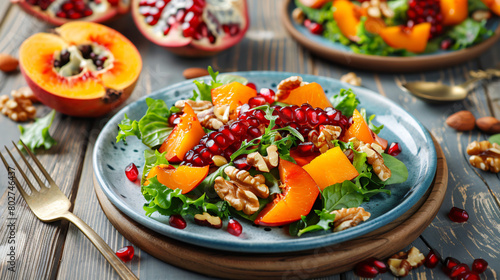 Plate of delicious salad with persimmon walnut and pom