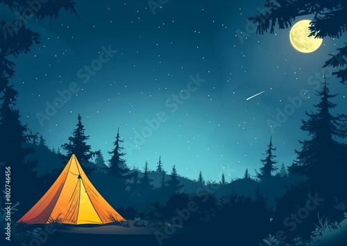 Serene Night Camping Under Starry Sky with Full Moon and Shooting Star © Qstock