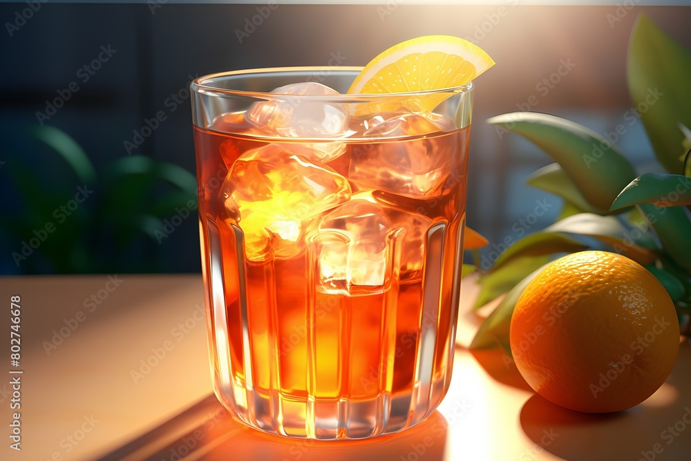 lemonade in a glass with lemon and oranges on a table background, created by AI