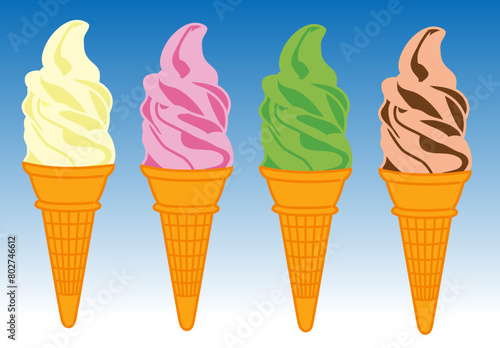 ソフトクリーム４種類、soft serve ice cream、whipped ice cream、バニラ、ストロベリー、抹茶、チョコ