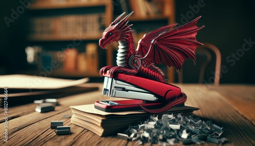 A stapler shaped like a fierce but friendly dragon, perched atop a stack of papers, guarding a hoard of shiny staples on a desk. photo