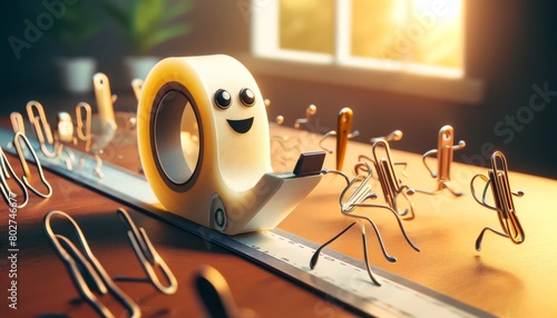 A tape dispenser with a friendly face, racing along a ruler 'track' against a team of paper clips on a desk. photo